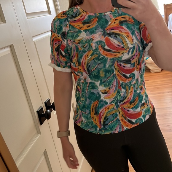 Chico's Linen Fringe Elbow Sleeve Tropical Banana Print Tee Top 00 xs - Picture 5 of 16